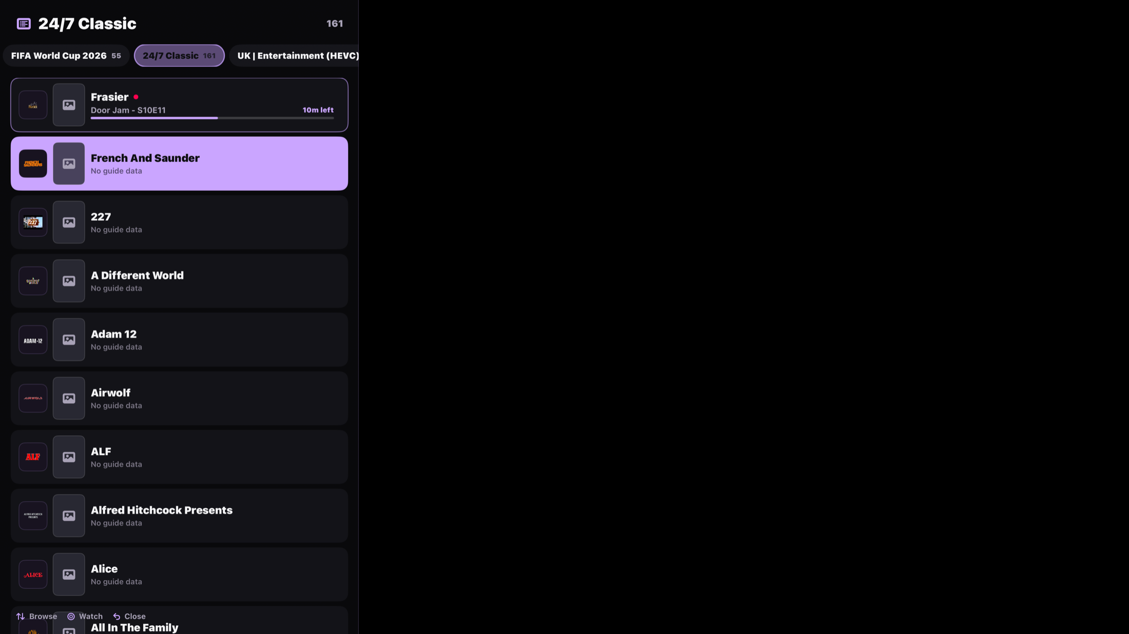 Playr channel guide with a selected classic television channel.