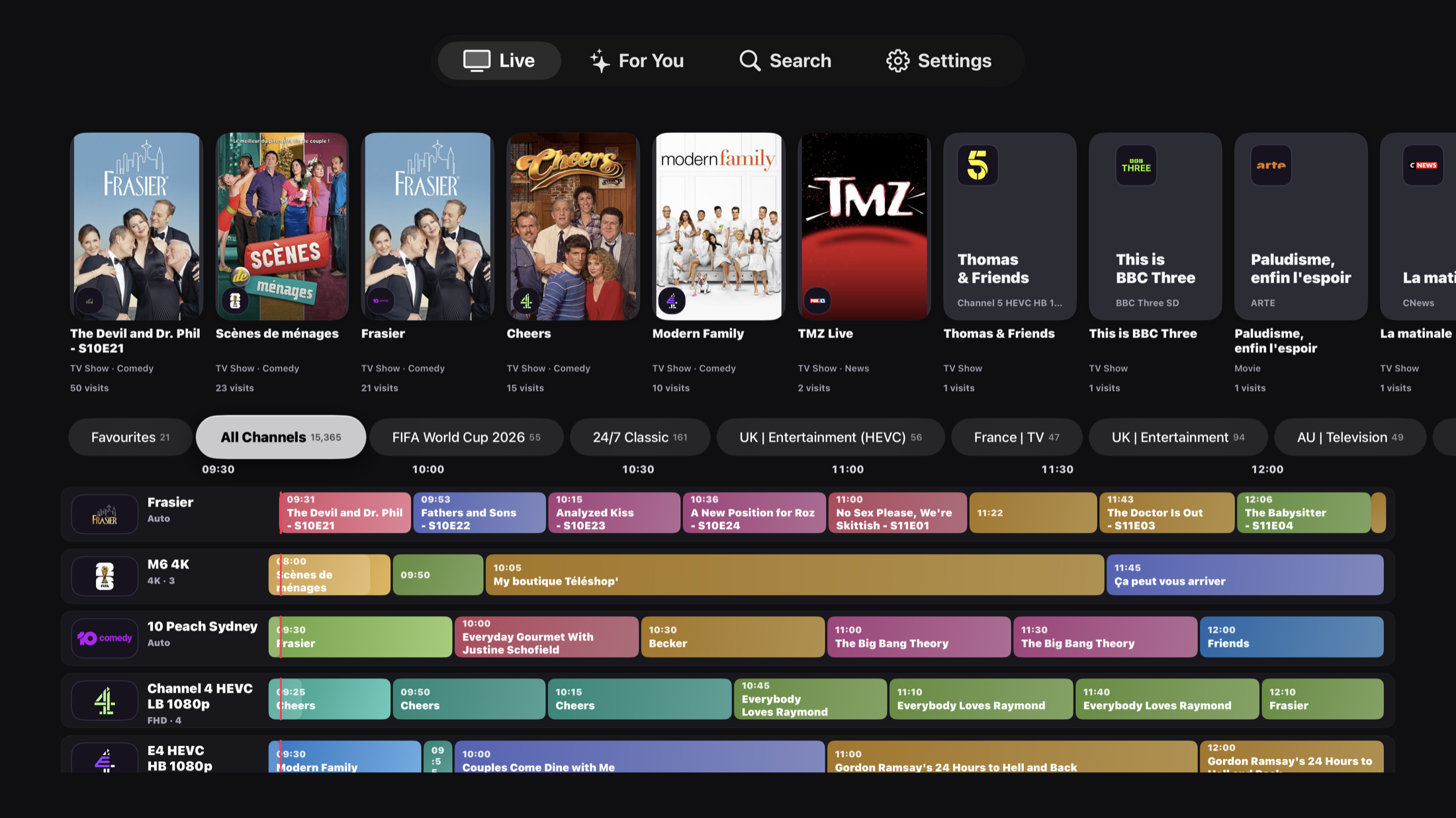 Real Playr live guide with current programmes across entertainment channels.