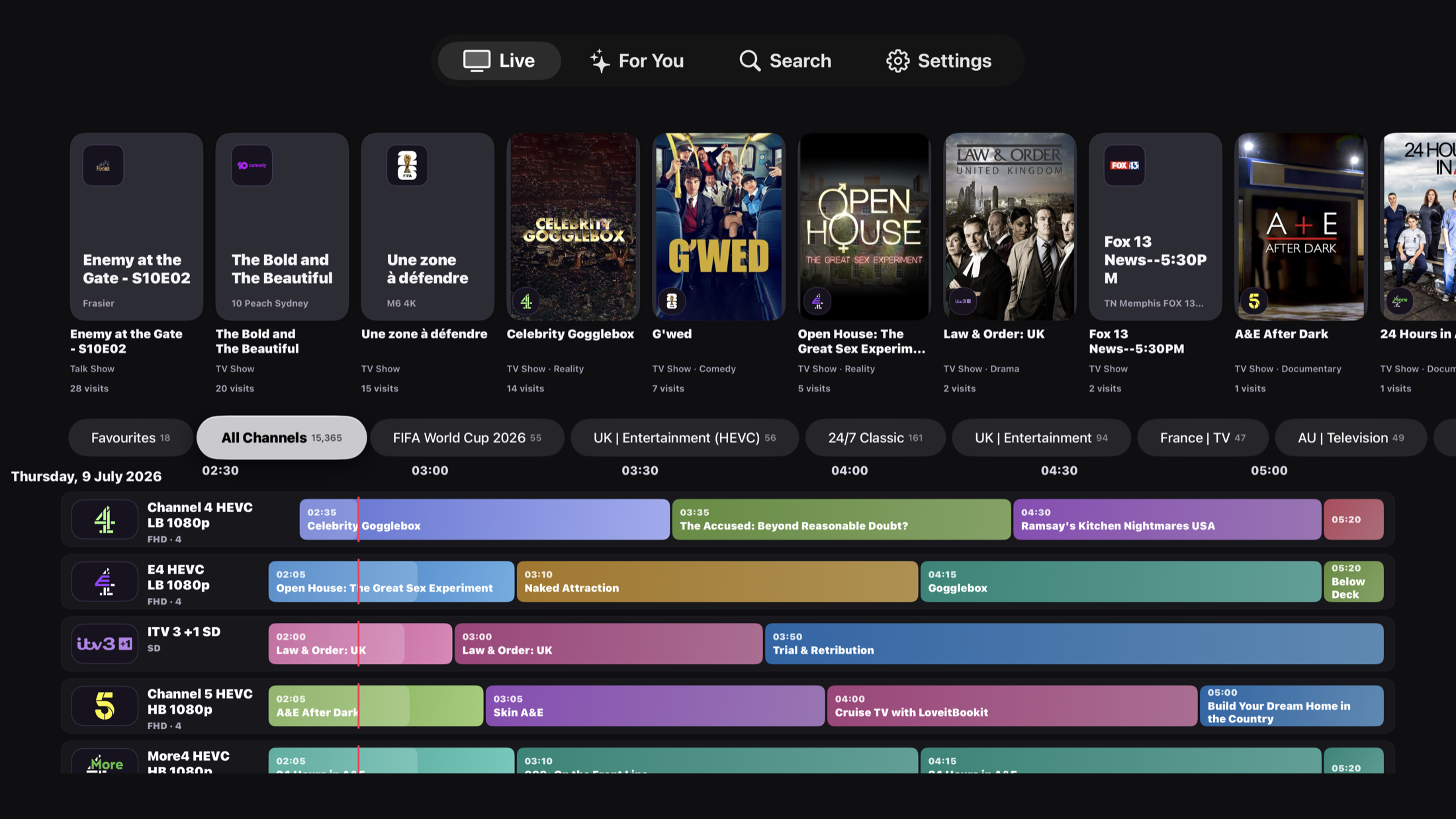 Playr live guide showing multiple current programmes and channel groups.